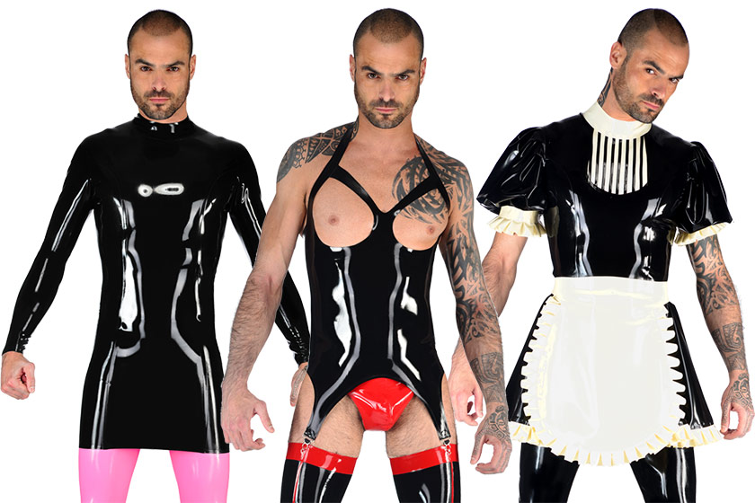 Below: Some Libidex latex dresses also come in male-fit version, l-r: Male Princess (£199.95); Male Suspender (£154.95); Missy Maid Outfit (£504.95)