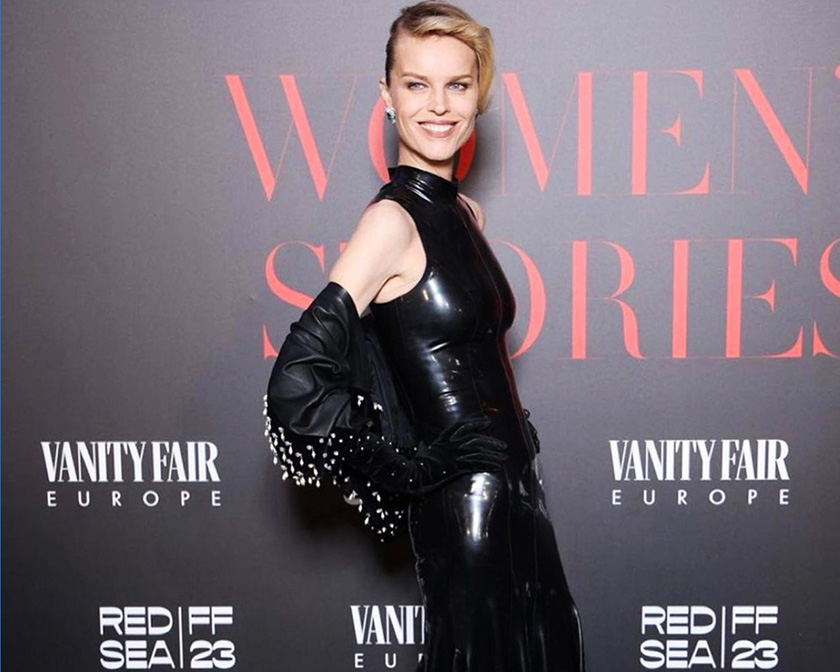 Latex in May: Eva Herzigova, probably most famous of the numerous models/actresses sporting latex at May’s Cannes Films Festival, wearing Avellano, the latex designer of choice at this year’s event