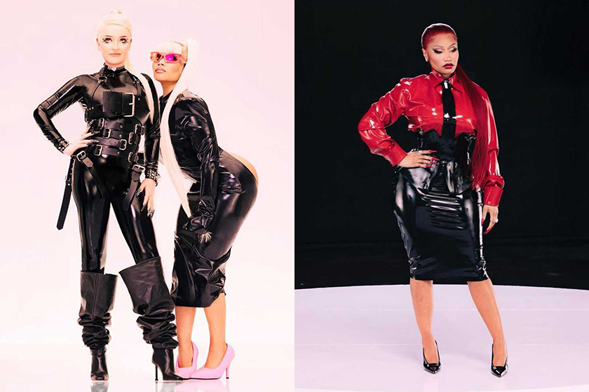 Kim Petras (far left) and Nikki Minaj (in Vex latex) in the shiny video for their single Alone, which was premiered on May 2