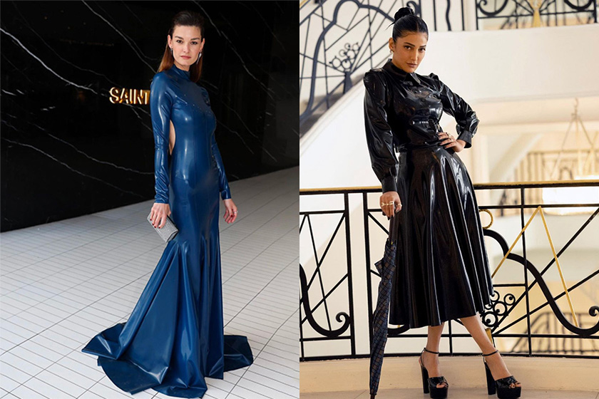 Latex in May in Cannes: Left: French model Ophélie Guillermand in Avellano Backless dress. Right: Indian actress/singer Shruti Haasan wears Atsuko Kudo