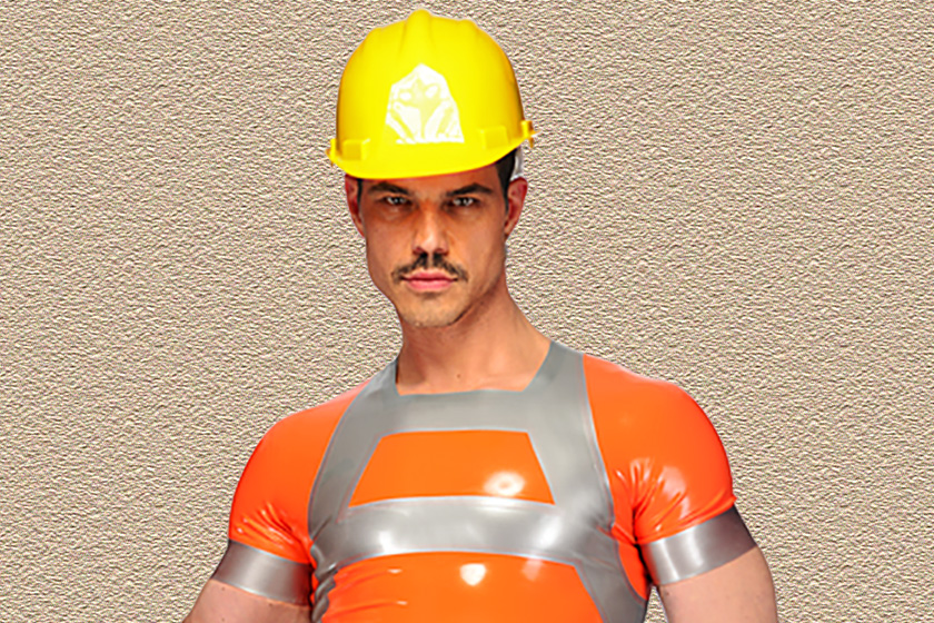 Safety precautions: Man on the job in Libidex Hoist T-shirt in Orange latex with Pearlsheen Silver second colour. Helmet: model’s own