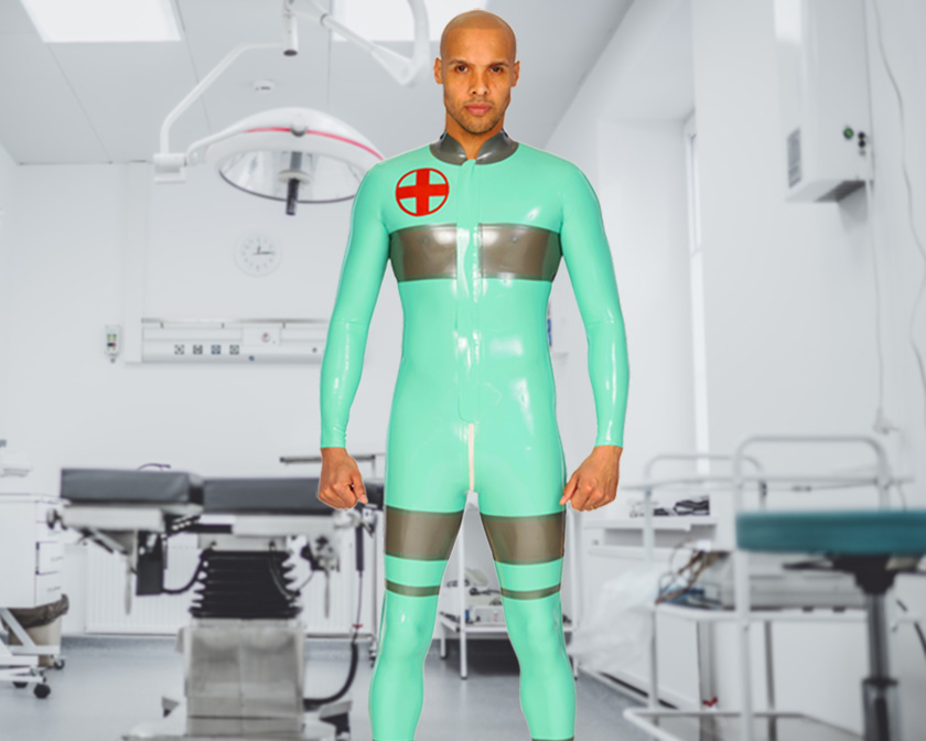 Cool operator: Libidex latex role-play Medical Catsuit in Jade Green w/Metallic Grey and Red trim (background: Arseny Togulev/Unsplash)