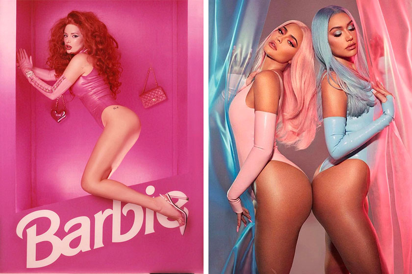 Left: Actress/singer/writer Bella Thorne channels Barbie posing in a human-sized display box, in Vex Latex bodysuit with matching accessories (photo: Vex Latex Instagram). Right: Kylie Jenner in pink latex from Blacklickorish latex with pal Stassie Karanikolaou in matching powder blue, promoting their Stassie x Kylie cosmetics line (Blacklickorish Latex Instagram; photo: ©Kylie Jenner) 