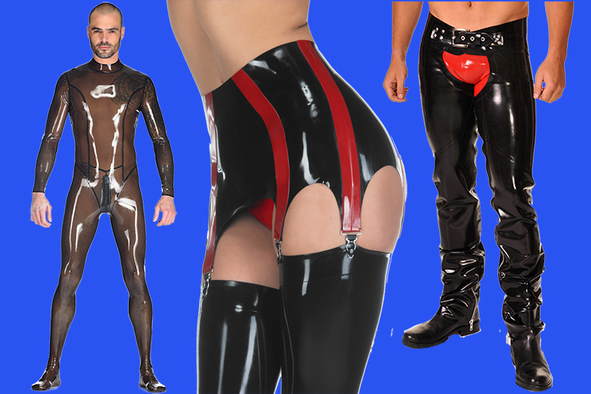 LatexEXPRESS returns with 25% off ready-to-ship items such as, l-r: Duke Catsuit (was £299.95, now £224.96); Amie Girdle/6-Clip (was £89.95, now £67.46); Full-Length Chaps (were £154.95, now £116.21)