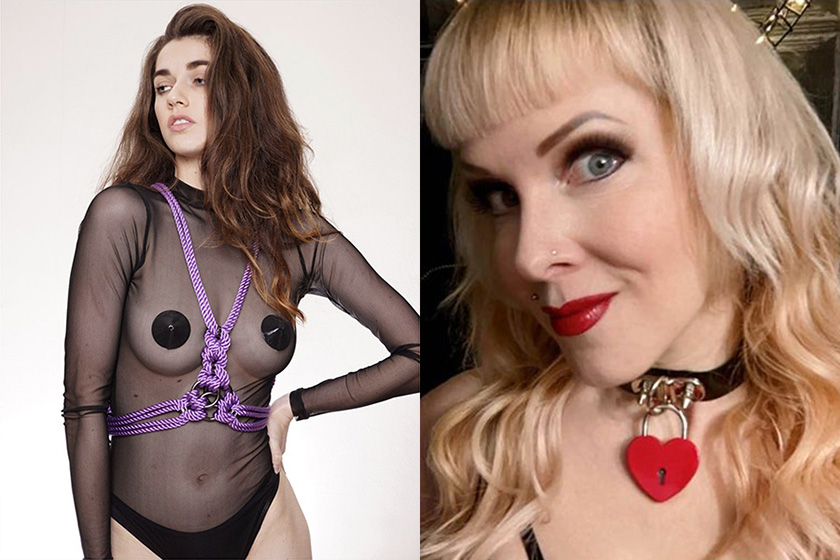 Liberation Artisan style, left: wearable rope San Harness with Chain by Figure of A; right: Prong Jewellery Large Padlock Choker