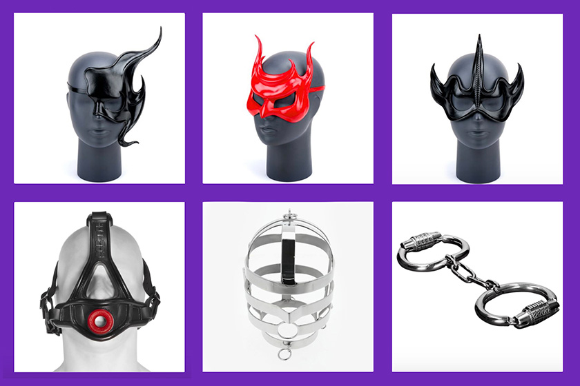 Liberation-X masks ’n’ metal, top: moulded leather masks from Leather Designs and some examples of steel restraints