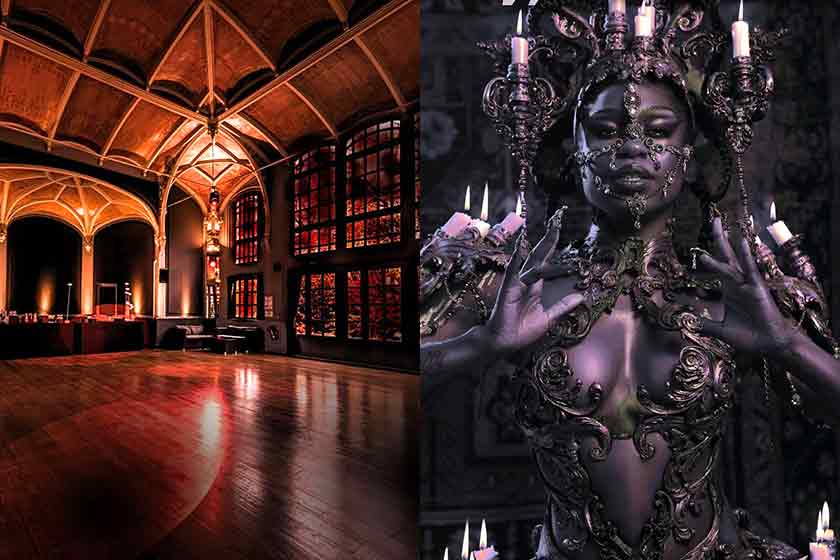 Parisian pervs can celebrate Halloween at the spooky Pavillons des Étangs (interior, above left) where Nuit Dèmonia stages its Inferno Fetish Horror Party on Sat Oct 28. Above right: fabulous promo image for Wasteland Halloween Ball, also Oct 28, by Josefien Hoekstra