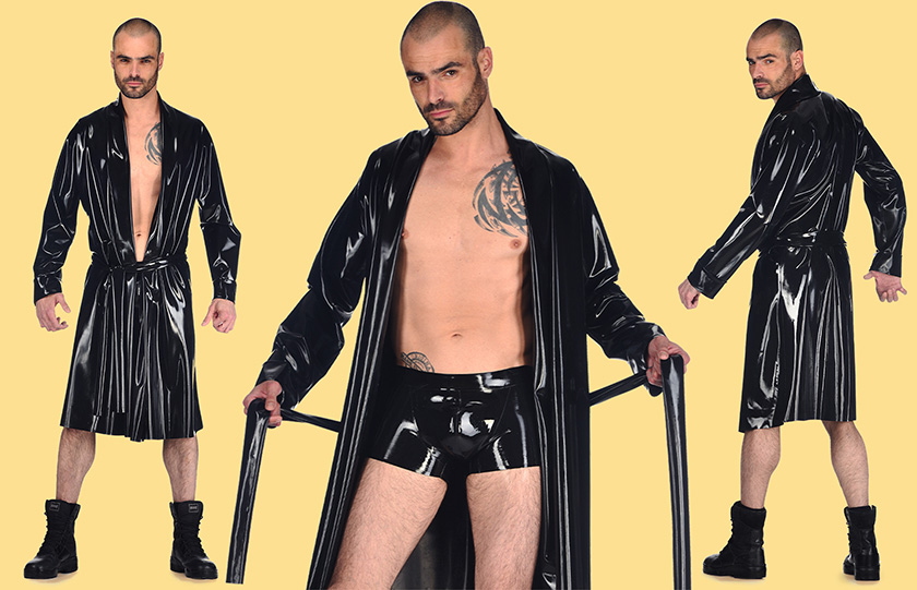A champion among our best sellers is this silky Champion Robe Mid (£215.96) made with our thinnest latex. Also shown: Pouch Shorts
