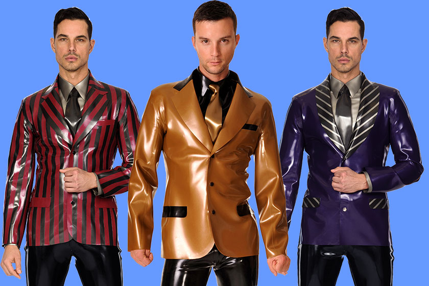 Suit Jackets can look surprisingly hot in latex! Left to right: Libidex Frankie Suit Jacket, Sinatra Jacket and Rocco Suit Jacket