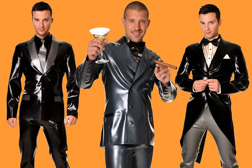 Extra latex layer time: Suit you, Sir! Add matching latex trousers and you can have the Bond Suit (left), Capone Suit (centre), or Astaire Tail Suit (right)