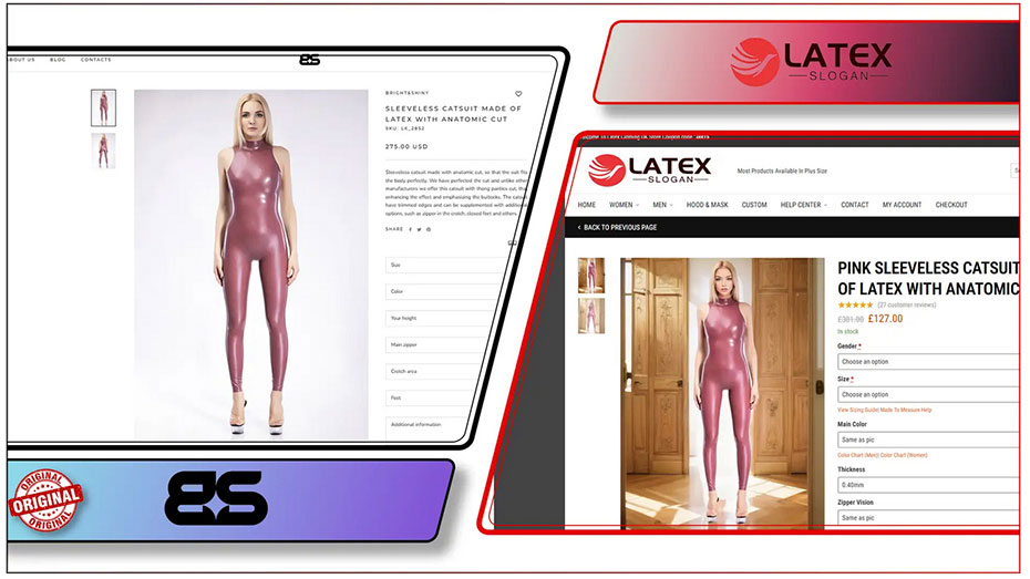 While UK latex designers are the largest national group identified by Latex 24/7 as targets of Chinese latex copying, the label most favoured for copying by Chinese brands is the Ukrainian Bright & Shiny Latex, left. Its product shots appear in no less than eight different Chinese brands’ advertising, including Latex Slogan, right, aka Latex Clothing UK. As if just being based in Ukraine didn’t come with enough problems (graphics c/o Latex 24/7)