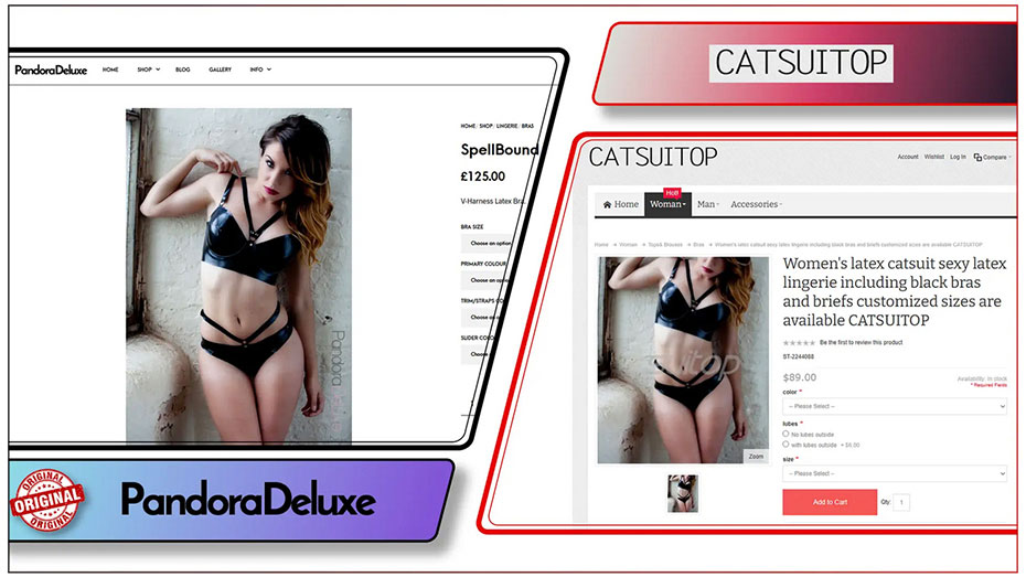 Catsuitop, right, one of the dozen Chinese latex brands investigated by Latex 24/7, was found to have stolen images from at least five UK latex designers, including Pandora Deluxe, left (graphics c/o Latex 24/7)