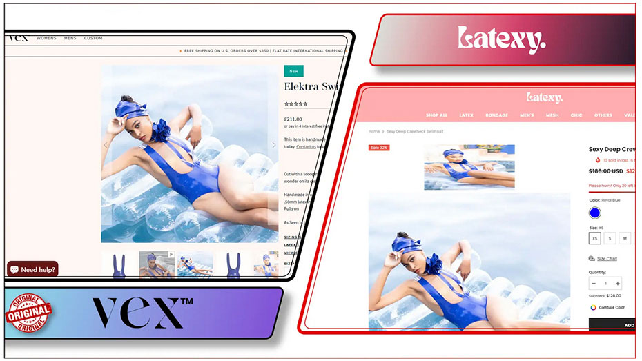 Imagery belonging to famous US latex brand Vex Clothing, eft, was shown by the Latex 24/7 survey to have been misappropriated by Chinese brand Latexy, right (graphics c/o Latex 24/7)