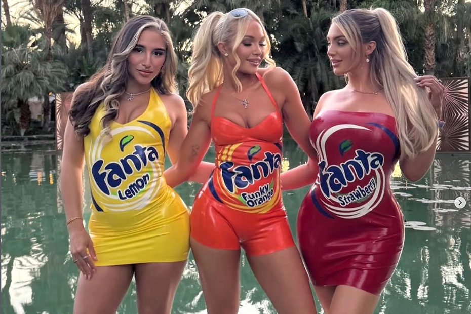 Image 02: Fanta’s Coachella 2026 outfits created by Maggie Delena Latex and modelled by, l-r, @dangershewrote, @valentinapage and @kayleygunner