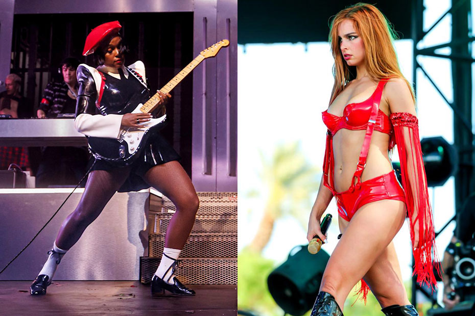 Image 03, left: well-known latex fan Janelle Monae wearing her black, white and red Dead Lotus Couture outfit for her guest spot with Pink Pantheress. Right: Addison Rae’s ‘vibrant red latex lingerie’ stage costume was actually a customised PVC ensemble from Agent Provocateur