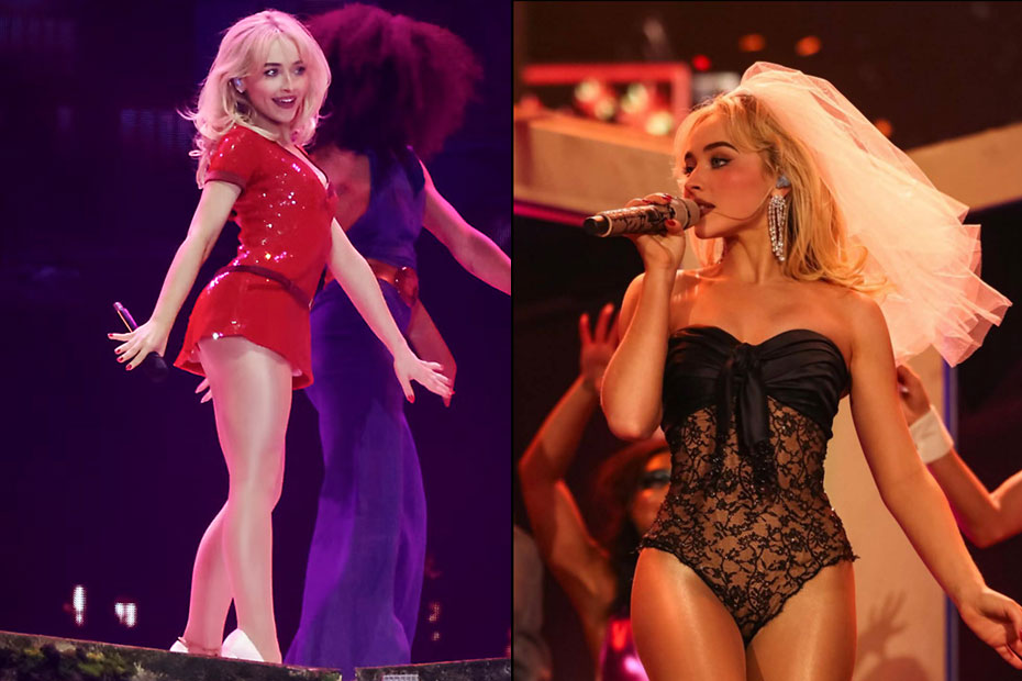 Image 04, left: Sabrina Carpenter’s ‘vibrant red latex dress’ was actually a red sequinned (ie non-latex) Dior item. Dior was also the creator of her sheer black lace bodysuit, right