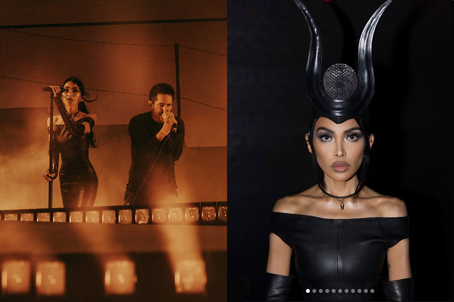 Image 05, left: Mariqueen Maandig Reznor and Trent Reznor fronting Nine Inch Noize’s Coachella 2026 appearance. Right: Mariqueen’s black leather outfit was topped off with a custom horned leather headpiece by Ian Scott Dorey and Zana Bayne showing ancient Egyptian/Maleficent styling influences