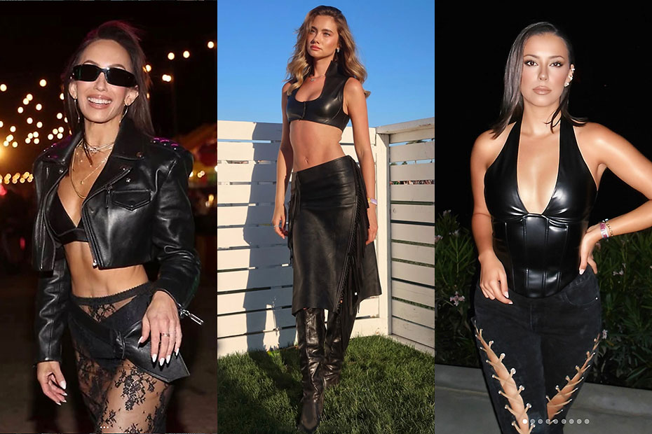 Image 06: Black leather lovers attending Coachella 2026 included, l-r, actor/dancer @cherylburke, content creator @jade_distinguinn and journalist @jess.campbell3