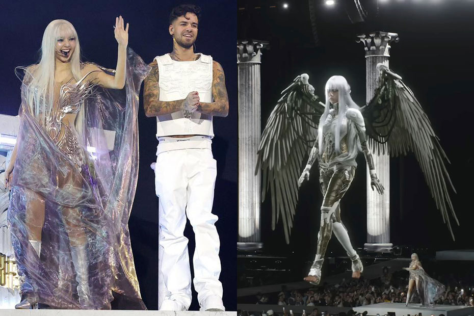 Image 08, far left: Lisa of Blackpink returned to Coachella to perform as part of the new ÆDEN show by multimedia artist Anyma, left. Right: Lisa (bottom right corner) performs live onstage as a gigantic holographic version of her Bad Angel anima character towers above the audience